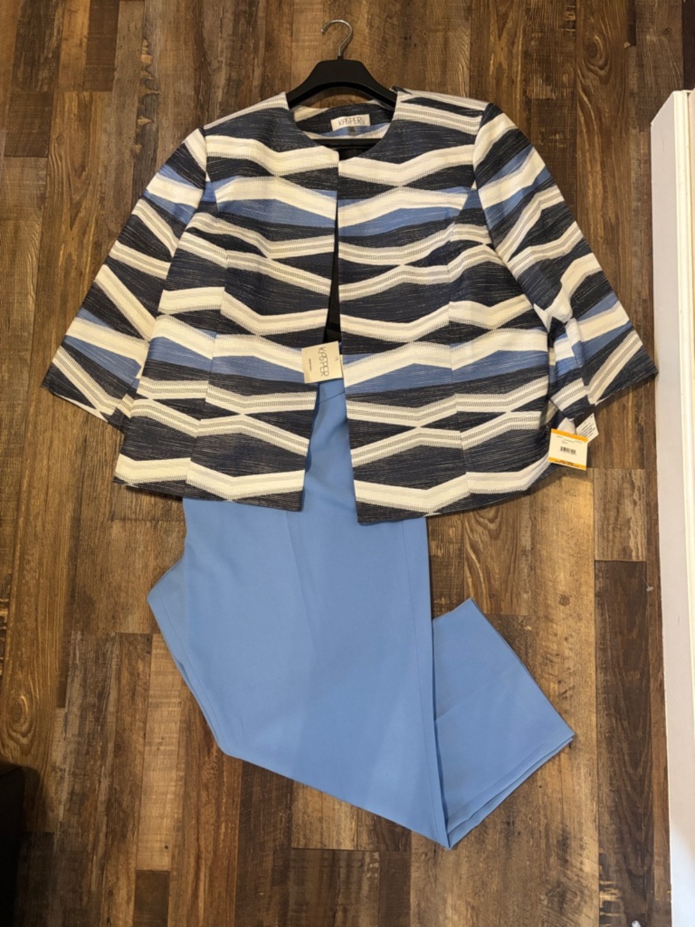 Kasper Blue & White Striped Open-Front Jacket and pant set